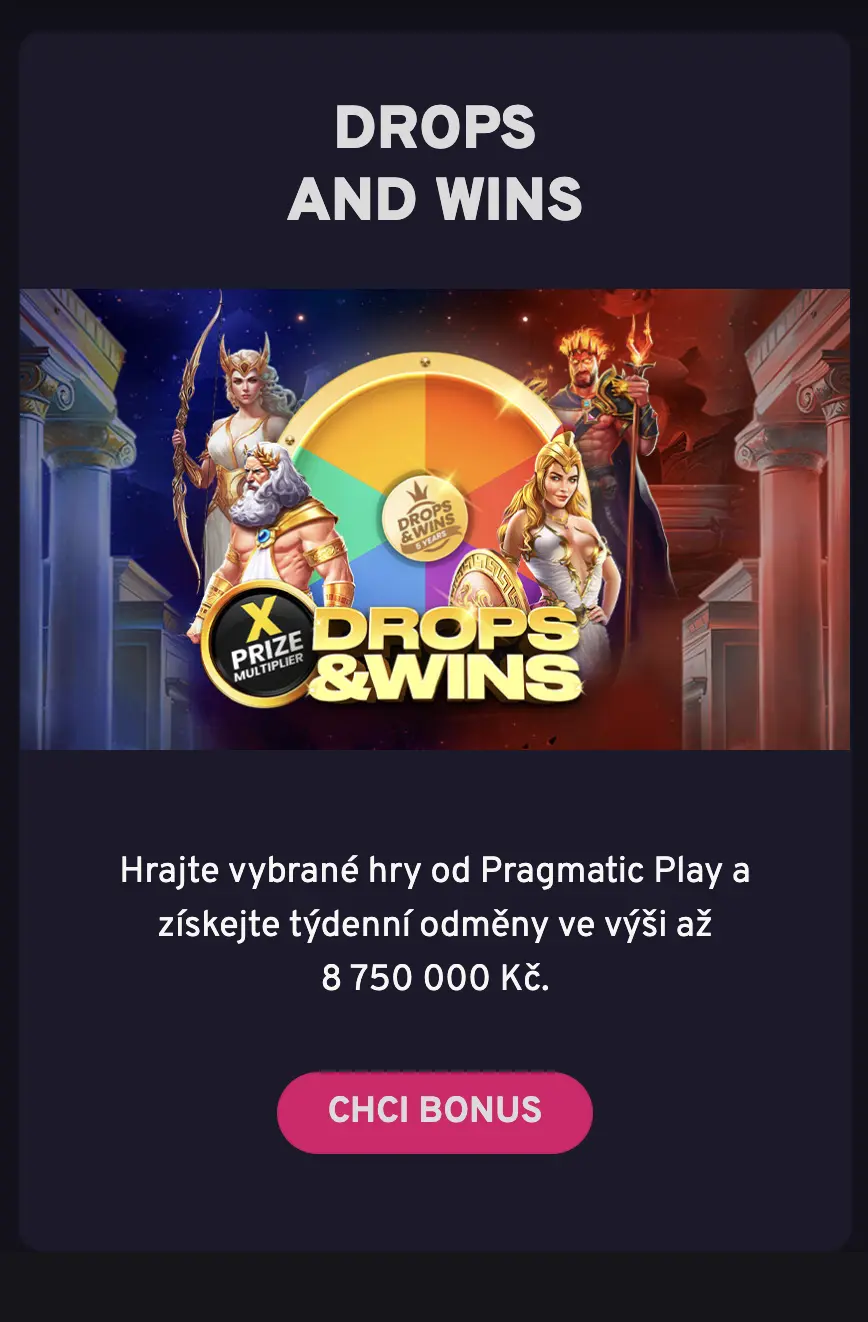 Pragmatic Play Drops and Wins – vyhrajte týdenní ceny. Drops and Wins od Pragmatic Play s týdenními odměnami až 8 750 000 Kč.